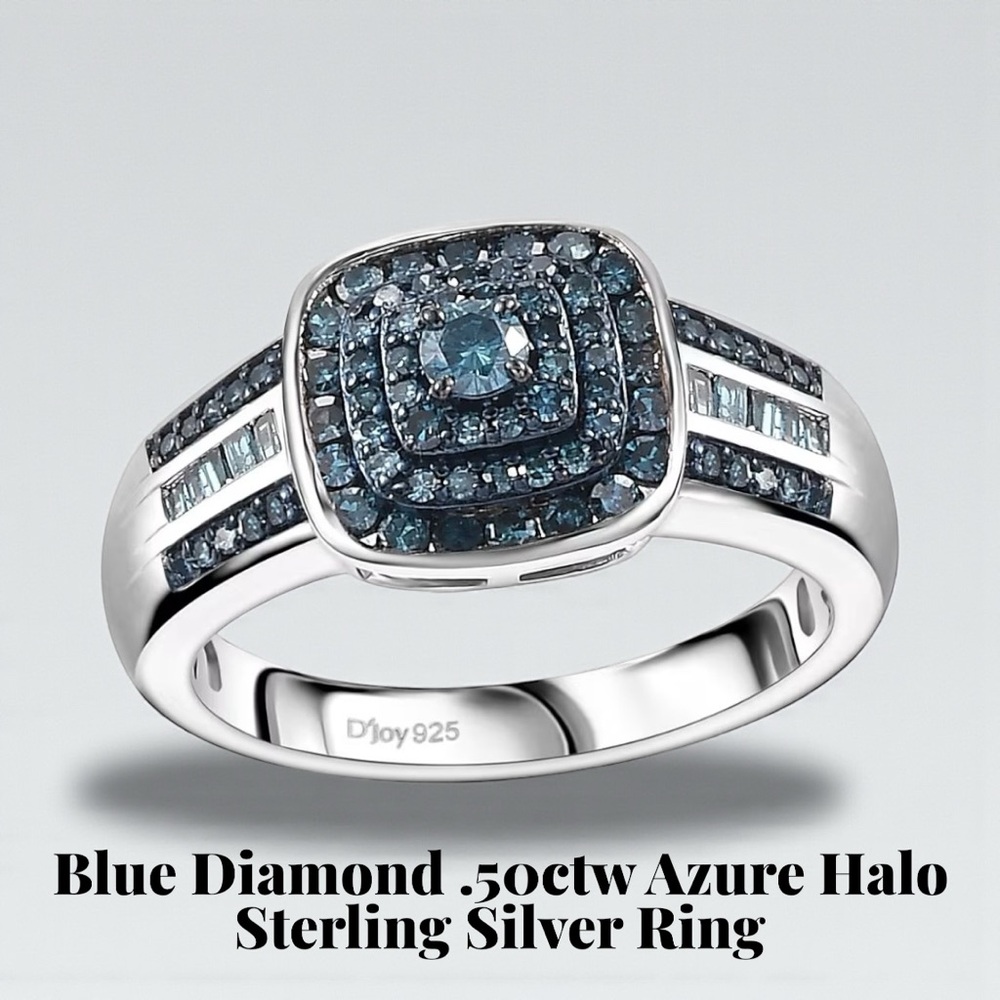 ‼️BEST VALUE‼️Blue Diamond 0.50 ctw Azure Halo Ring Rhodium Over Sterling Silver